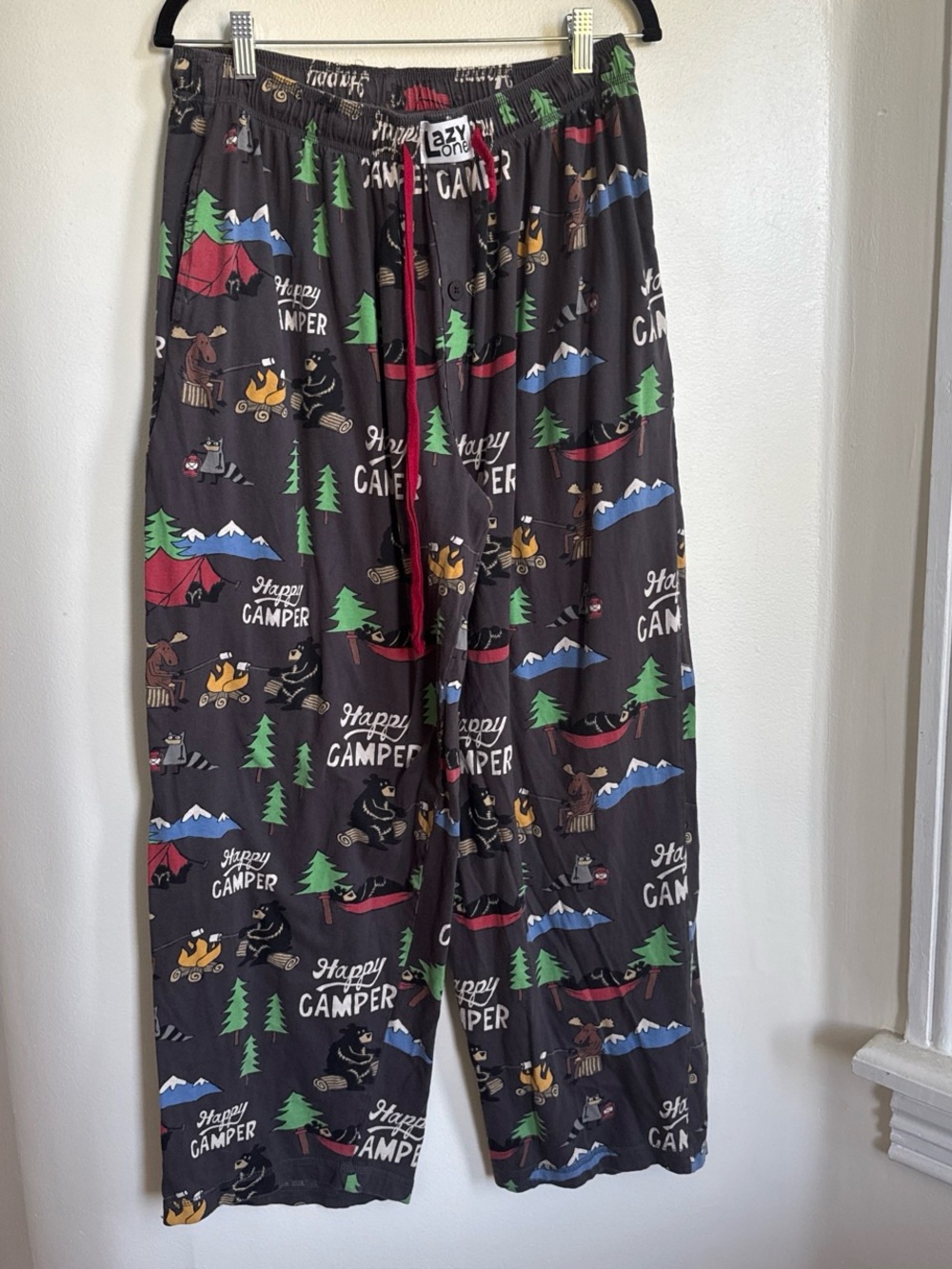 Lazy One Black 'Happy Camper' Mens Pajama Pants with Red Drawstring